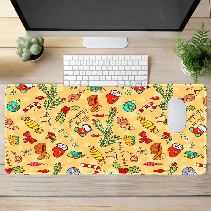 1pc Warm Yellow Graffiti Christmas Oversized Extended Desk Mat, Keyboard & Mouse Pad, Christmas Candy, Holly, Decorative Ball & Christmas Stocking Pattern, Non-Slip Rubber Base, Soft Fabric Surface With Stitched Edges, Smooth Mouse Glide, Suitable For Gaming & Office, Fun Christmas Desk Decor & Holiday Gift - View 1