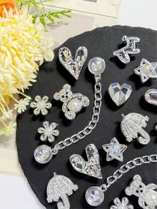 20pcs Silver Series Shoe Charms, ABS Rhinestone Material Bear Crown Flower And Other Fashionable Shoe Decorations, Can Be Freely Matched, Suitable For Sandals, Slippers, Beach Shoes, Garden Shoes, DIY Decoration, Exquisite Gift Choice - Silver - View 6