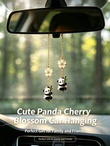 1pc Alloy Panda Pendant With Daisy Decoration, Car Rearview Mirror Hanging Decor, Car Interior Decoration Accessory - A - View 1