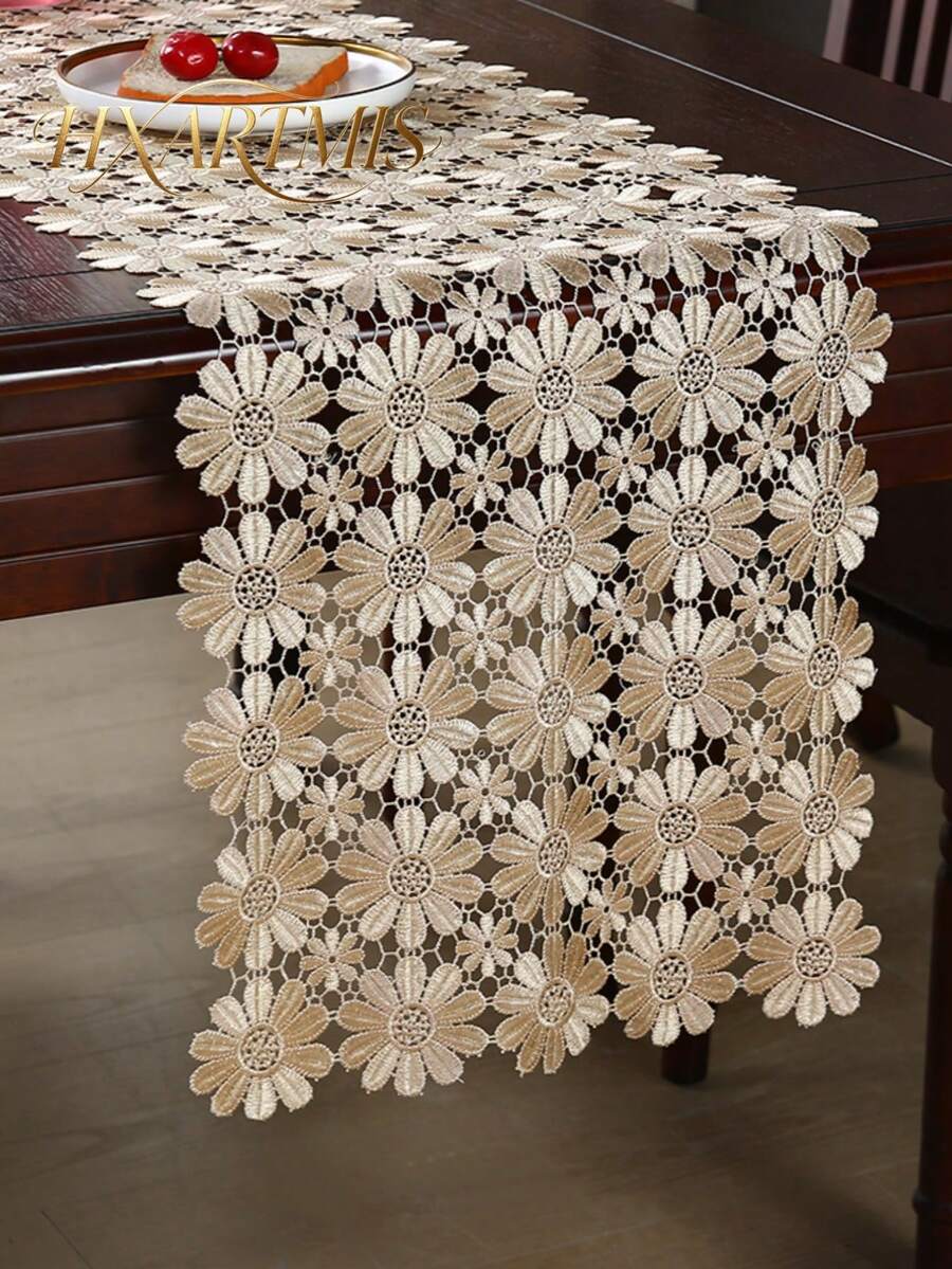 HXARTMIS 1PC Red Daisy Hollow Crochet Lace Table Runner, Lightweight Floral Mesh Tablecloth, Long Vanity Table Decor, Suitable For Dining Table, Wedding, Tea Party, Christmas Decoration And Home Decor