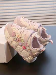 1 Pair Girls Cute 3D Flower Hook & Loop Chunky Sneakers, Soft Sole Thick Bottom Casual Sports Sneakers, All Season - Pink - View 4