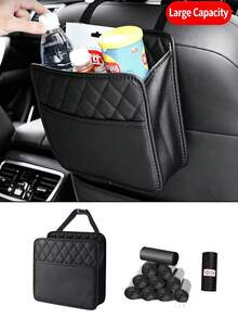 Multifunctional PU Leather Car Seat Storage Set [PU Leather Storage Bag + Trash Bag], Fashionable Hanging Backrest Storage Box, Suitable For Car Interior Organization And Protection, Foldable Trash Can, Fits All Car Models Car Accessories - Multicolor - View 3