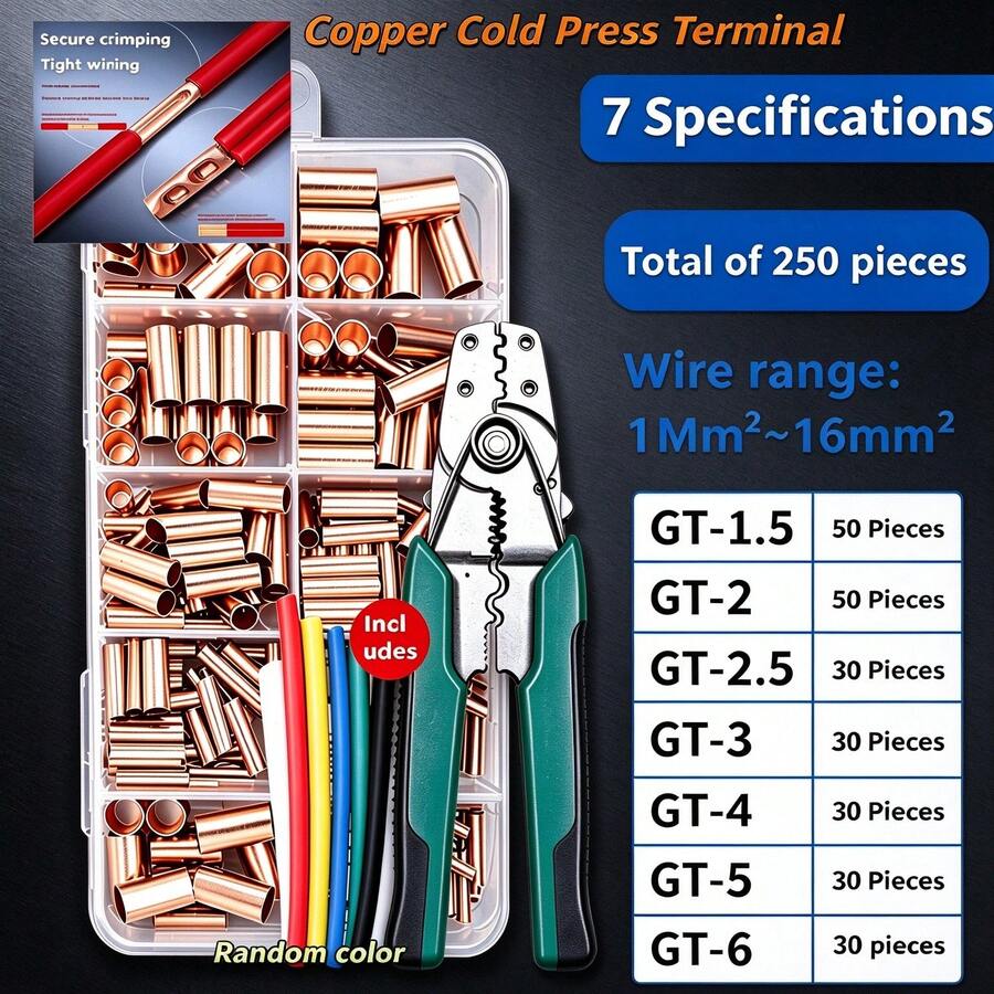 250Pcs Cable Terminal Kit With Labor-Saving Non-Slip Crimping Pliers & Heat Shrink Tubes, GT Copper Cold Press Terminals, For Auto Machinery, Auto Parts, Marine Wiring & Light Connectors, Men's DIY Electrician Combination Tool Kit