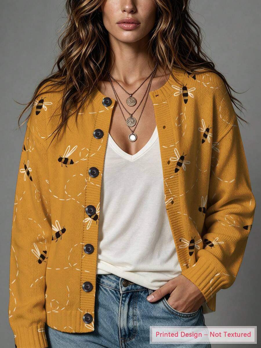 ASHKATIA Yellow Bee Pattern Women's Plus-Size Vintage Cardigan Sweater, Fall Winter Knit For Social Occasions - Multicolor - View 1