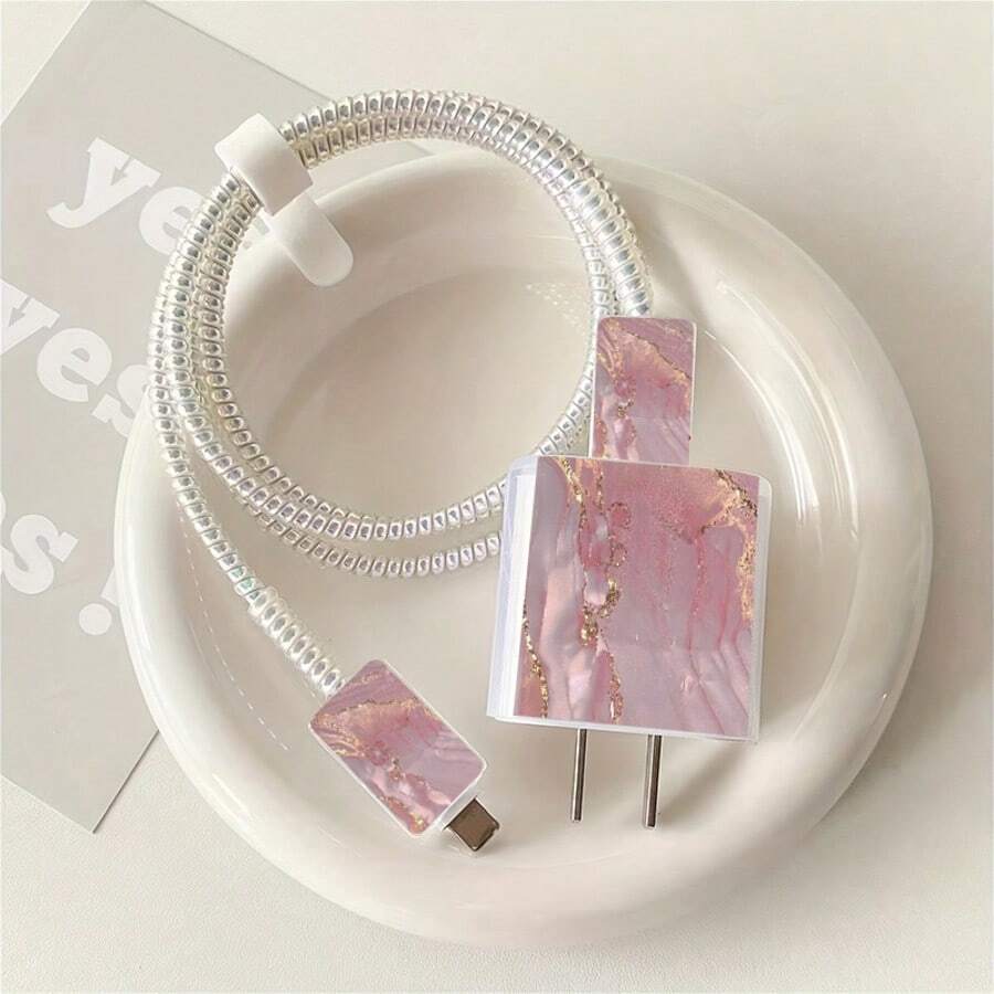 5pcs 2D Flat Design Gold Texture Phone Charger Protection Set, Charger Head Cover + Cable Protector + Storage Rope + Data Cable Protection Rope, Compatible With Iphone 20W/18W Charger - Multicolor - View 1