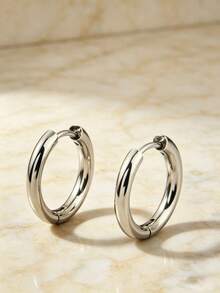 1 Pair Fashionable Funny Stainless Steel Silver Polished Men's Hoop Earrings - Silver - View 5