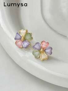 1 Pair Elegant Small Colorful Flower Stud Earrings Suitable For Women's Daily And Vacation Wear - Colorful - View 1