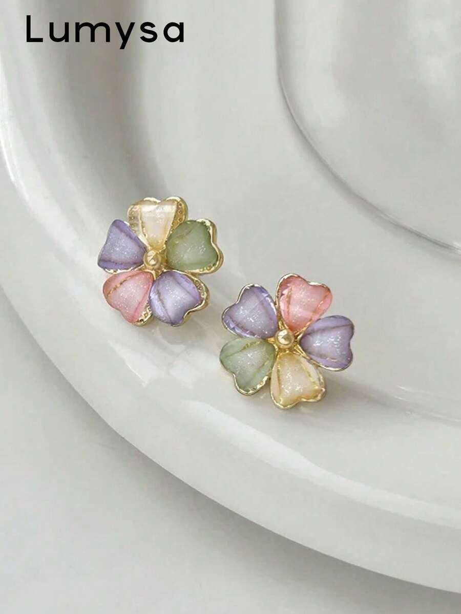 1 Pair Elegant Small Colorful Flower Stud Earrings Suitable For Women's Daily And Vacation Wear - Colorful - View 1
