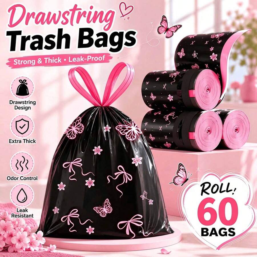 Scented Drawstring Trash Bags - Thickened Tear-Resistant - Pink Bow Pattern, High-Density Polyethylene Drawstring Trash Bags - Multi-Purpose Disposable Storage Bags, Suitable For Kitchen, Bathroom, Living Room, RV, Bedroom, Office, Also Can Be Used As Halloween And Christmas Gifts, Applicable Scenes Include Home Decor (Including Autumn, Christmas And Daily Styles), Office Decor - A - View 1