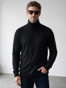 Men's Autumn/Winter Minimalist Striped Slim Fit Regular Shoulder Width High Neck Long Sleeve Sweater - Black - View 1
