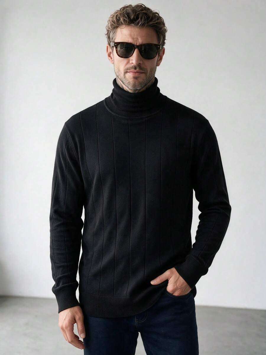 Men's Autumn/Winter Minimalist Striped Slim Fit Regular Shoulder Width High Neck Long Sleeve Sweater - Black - View 1