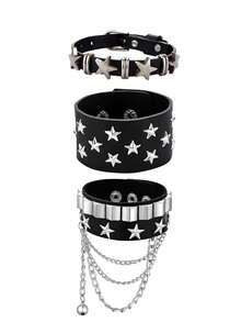 3/6pcs Punk Gothic Leather Wrist Cuff Bracelet, Skull Star Cross Pattern, Retro Rock Style, Unisex Stackable Wristband, All Season Party Accessory - Black - View 11