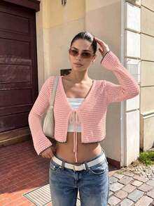 Cardigan court à nouer devant pour femmes, pull en tricot style bohème à manches longues et col en V, tricot à la mode pour femmes, convient pour un port quotidien - Rose bonbon - Voir 4