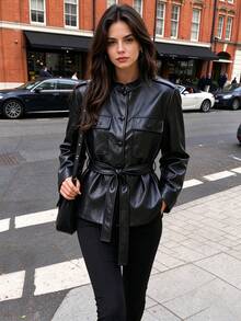 Seelio Autumn New Women's European & American Style Fashion Minimalist Versatile Leather Effect Jacket - Black - View 2