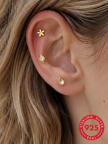 1pc 925 Sterling Silver Flower Stud Earring, Spiral Earring Stack, Flat Back Cartilage Ear Stud, Suitable For Women's Daily Wear, Wedding, Party, Engagement, Exquisite Jewelry - Yellow Gold - View 1