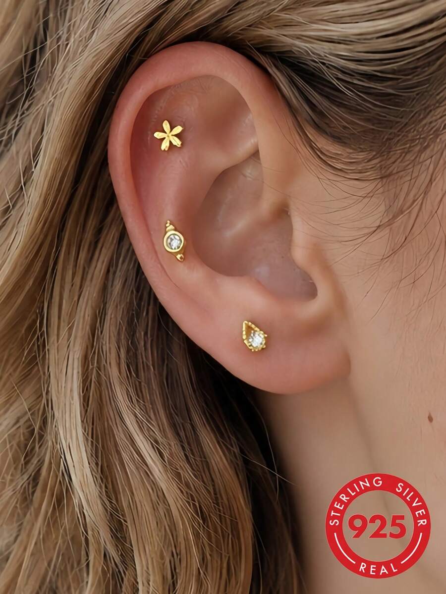1pc 925 Sterling Silver Flower Stud Earring, Spiral Earring Stack, Flat Back Cartilage Ear Stud, Suitable For Women's Daily Wear, Wedding, Party, Engagement, Exquisite Jewelry - Yellow Gold - View 1