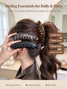 3/1pc Large Non-Slip Women's Ponytail Clip With Back Comb And Vertical Banana Clip, Thickened Enhanced Volumizing Effect, Brown/Black/Grey Leopard Print, Suitable For Braids, Buns And Updos, Halloween, Christmas - Multicolor - View 5