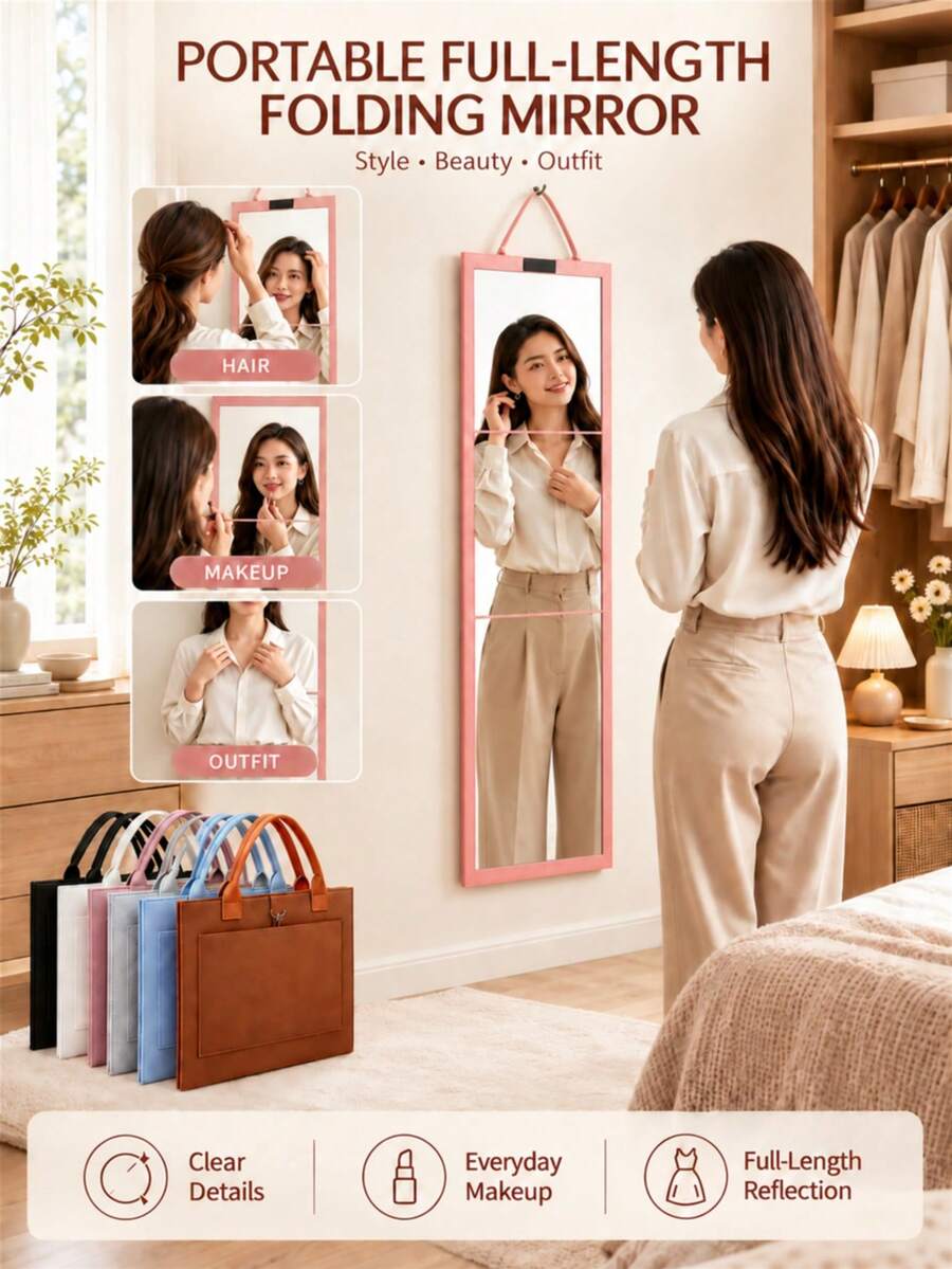 Foldable Full-Length 3-Panel Mirror With Portable Bag, 3-Panel Door-Mounted And Desktop Mirror, Portable Drill-Free Vanity Mirror, Suitable For Bedroom, Dorm, Apartment And Travel