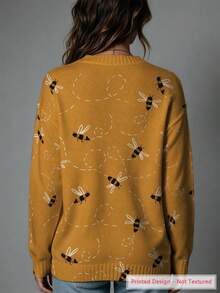 ASHKATIA Yellow Bee Pattern Women's Plus-Size Vintage Cardigan Sweater, Fall Winter Knit For Social Occasions - Multicolor - View 2
