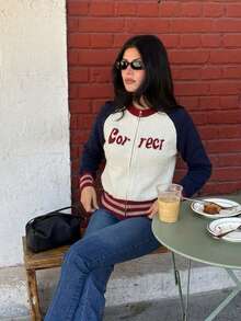 Contrast Stripe Letter Graphic Zip Up Sweater Cardigan, Long Sleeve Knit, Ribbed Trim, Blue, Cream And Burgundy, Casual Fall/Winter Layering Top - Blue - View 3