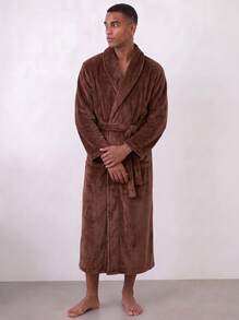 Snug League 1pc Unisex Flannel Kimono Robe, Loose Fit, Soft, Dual Pockets, Warm Lining, Suitable For Casual Wear, Autumn/Winter - Coffee Brown - View 7