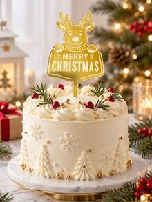 3pcs Gold Mirror Acrylic Christmas Cake Toppers, Laser Engraved Reindeer Pattern With Merry Christmas Lettering, Holiday Cake Decoration, Suitable For Christmas Party, Winter Celebration And Dessert Table - B - View 5