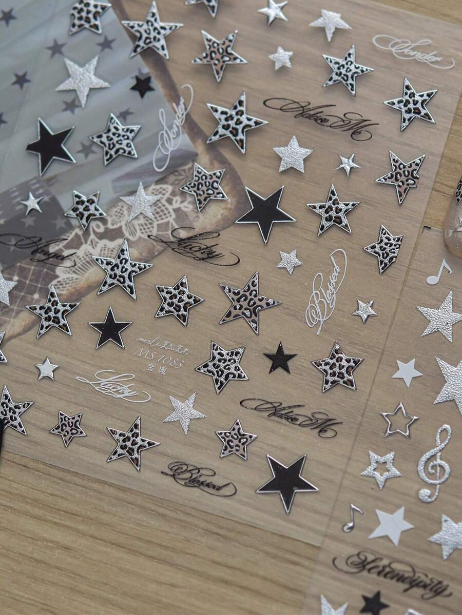 3D Embossed Leopard Star Nail Art Stickers, Black Silver Star Cursive Script Musical Note Self-Adhesive Nail Decals, Retro Y2K Transparent Base Nail Sliders For DIY Nail Decoration