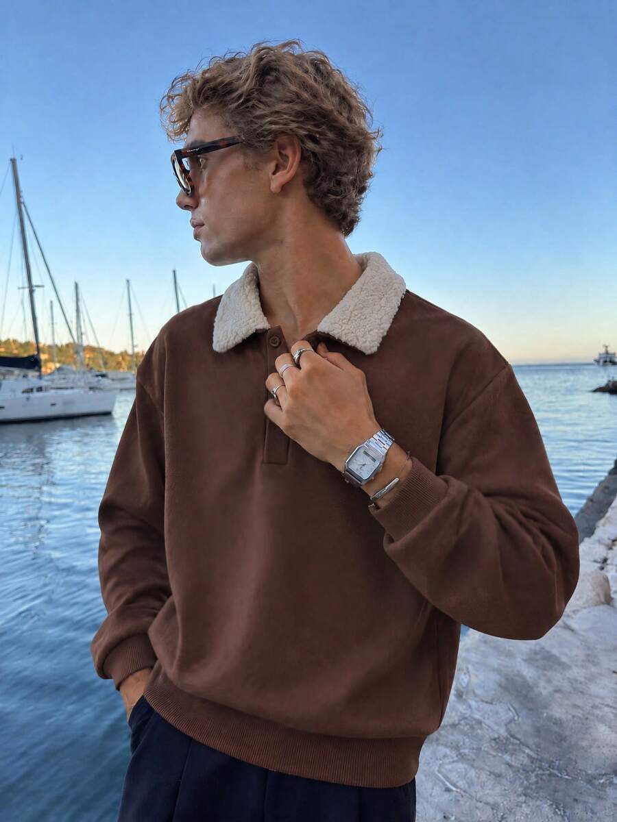 Camvyn Autumn/Winter Fashion Casual Men's Streetwear Patchwork Lamb Fleece Collar Sweatshirt, Suitable For Outings And Daily Wear - Brown - View 1