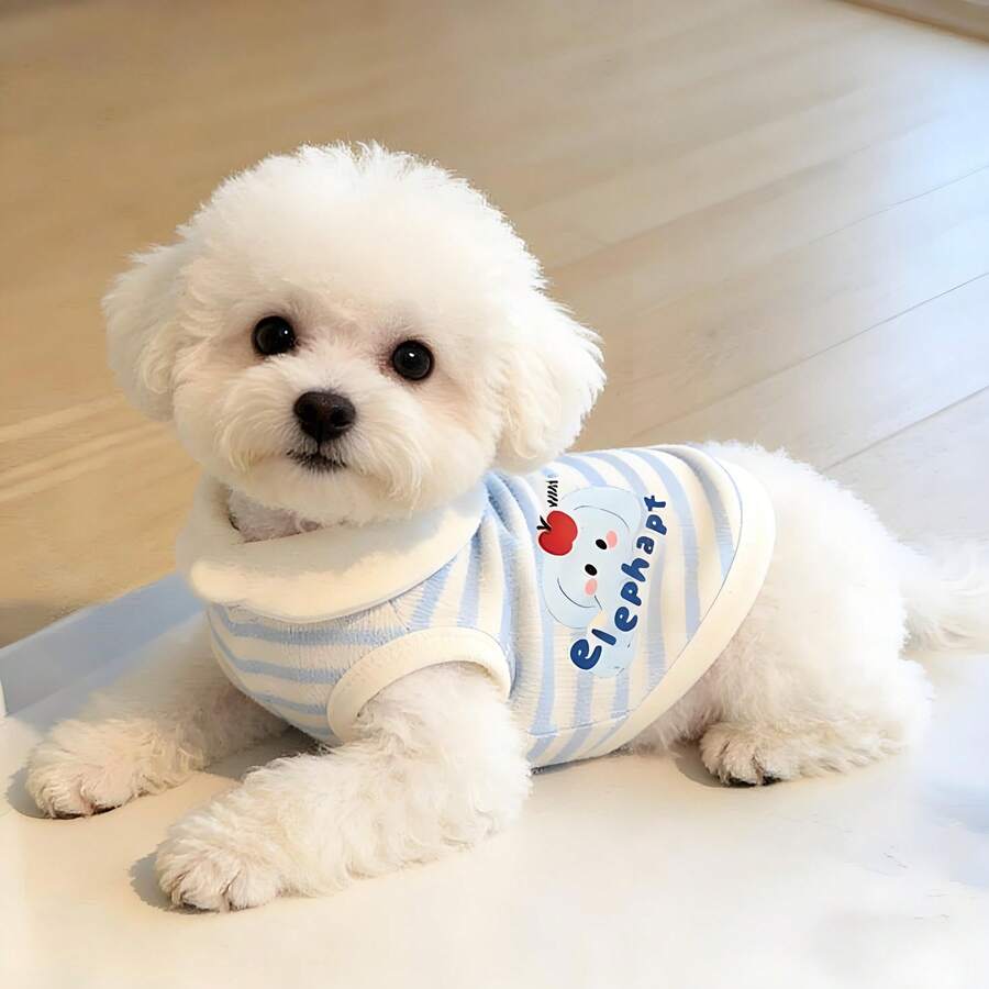 1 Buah Tank Top Anjing/Kucing Peliharaan Ringan dan Modis, Tank Top Tanpa Lengan Bergaris untuk Musim Semi dan Gugur, Cocok untuk Teddy Poodle dan Hewan Peliharaan Ukuran Kecil dan Sedang Lainnya - Blue and White - View 1