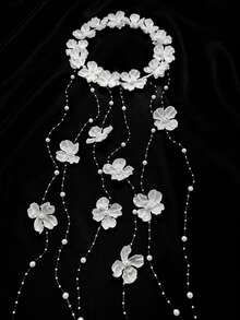 Bohemian Style White Floral Tassel Headband With Faux Pearl Chain, Vintage Floral Crown Hair Accessory, Suitable For Wedding Photography, Festivals, Parties, Cosplay And Events - White Petals - View 8