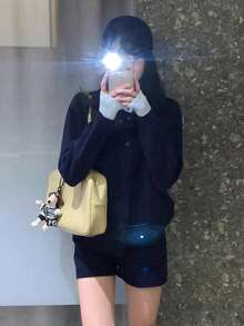 Autumn/Winter Color Block 2 In 1 Blue Knit Single-Breasted Casual Cardigan Sweater Top For Women - Navy Blue - View 6