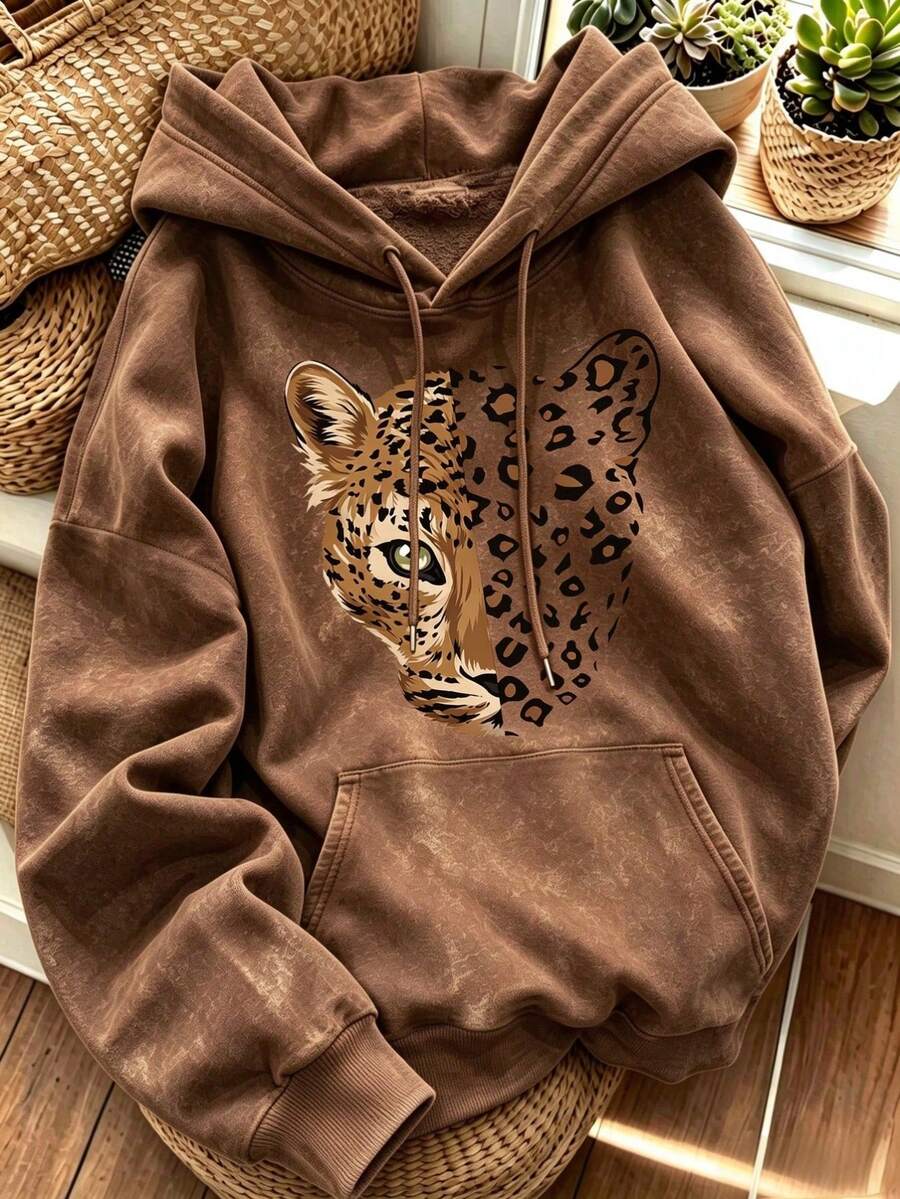 Women's Vintage Mineral Wash Hooded Sweatshirt, Fashion Leopard Face Graphic Print Loose Fit Drawstring Drop Shoulder Casual Sweatshirt - Brown - View 1