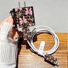 4pcs 2D Flat Design Leopard Bow Phone Charger Protector Set, Charger Head Cover + Cable Protector + Storage Rope, Compatible With IPhone 20W/18W Charger - Multicolor - View 3