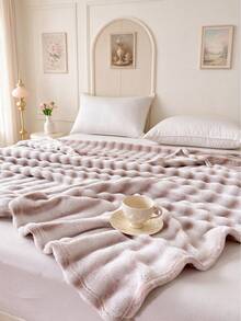 1pc Striped Print Faux Rabbit Fur Blanket, Soft Comfortable Warm Blanket For Home Decor, Suitable For Bed, Sofa, Office, Room Decoration, Dorm, Machine Washable - Light Khaki - View 9