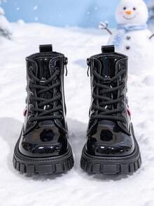 1 Pair Girls' Short Boots With Colorblock Heart Pattern Decor, Round Toe Soft Sole, Height-Increasing Inner Zipper Design, Fashion Sweet Cool Cute Princess Ankle Boots, Suitable For Daily, Holiday, School, Party, Autumn/Winter New Style - Black - View 4