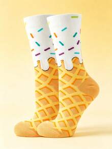 1/5 Pairs Sweet Girl Style Melting Ice Cream Cone Pattern Mid-Calf Socks, Colorful Sprinkles Design, Fun Cartoon Socks For Autumn New Arrival, Daily Wear - Multicolor - View 4