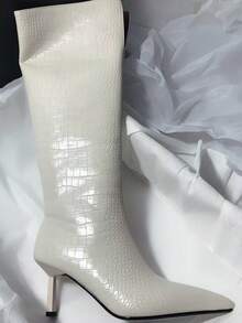 細高跟尖頭過膝靴，彈性麂皮修身拉鍊貼腿靴 - 白色 - 查看 4