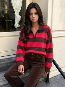 DEEKA Autumn/Winter New Women's European And American Style Fashion Striped Polo Collar Knit Sweater Red Fall - Red - View 1