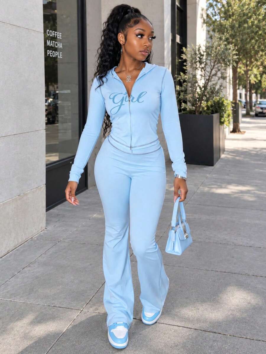 FQLWL Women's Casual Street Style Tracksuit, Printed Zip-Up Hoodie And Pants Set, Long Sleeve 2-Piece Outfit Spring Elegant - Blue - View 1
