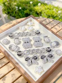 16pcs Silver Bear Chain Shoe Charms, Flower Star Bow Decor, Suitable For Sandals, Cute Removable Shoe Decoration, Perfect Holiday Gift Idea For Fashion Lovers - Silver - View 2