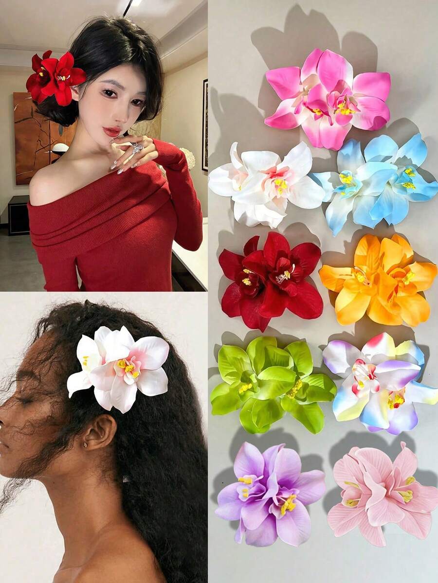 9件套夏季大花朵发夹，热带夏威夷风情花朵发夹，彩色人造非洲菊发夹，适合夏季海滩度假、夏威夷派对、婚礼、波西米亚风发饰、海滩装饰、芙蓉花（红、黄、粉、蓝）、假日、旅行、节日、生日等场合。