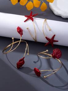 1pc/3pcs Red Starfish Shell Conch Open Adjustable Cuff Bracelet, Beach Vacation Ocean Style Beach Accessory - Burgundy - View 3