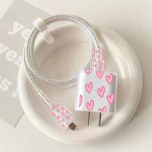 5pcs 2D Flat Design Pink Heart Phone Charger Protector Set, Charger Head Cover + Cable Protector + Storage Rope + Data Cable Protector Spiral Wrap, Compatible With Iphone 20W/18W Charger - Multicolor - View 1