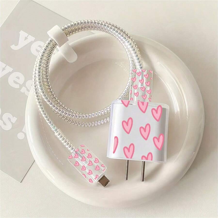5pcs 2D Flat Design Pink Heart Phone Charger Protector Set, Charger Head Cover + Cable Protector + Storage Rope + Data Cable Protector Spiral Wrap, Compatible With Iphone 20W/18W Charger - Multicolor - View 1