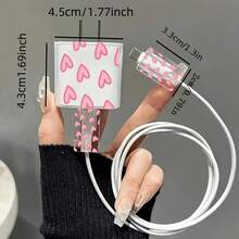 5pcs 2D Flat Design Pink Heart Phone Charger Protector Set, Charger Head Cover + Cable Protector + Storage Rope + Data Cable Protector Spiral Wrap, Compatible With Iphone 20W/18W Charger - Multicolor - View 5