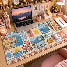 1 buah Alas Mouse Patchwork Kartu Pos Retro, Alas Meja Warna Coral dan Biru, Permukaan Serat Poliester, Alas Karet Anti Selip, Dekorasi Kantor Rumah Kreatif, Tersedia 4 Ukuran - View 9