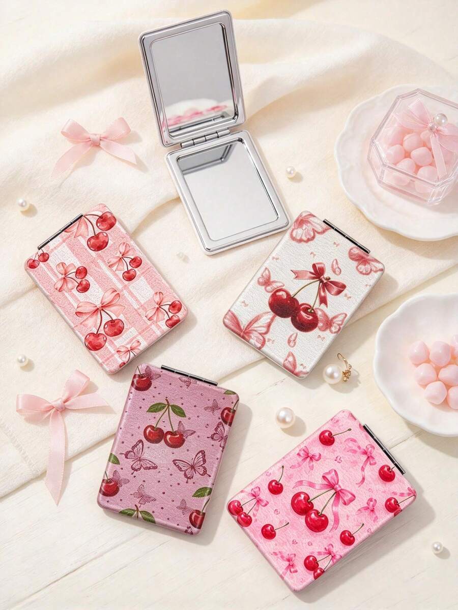 1PC Millennium Y2K Series Portable Vanity Mirror, Foldable Lightweight Ultra-Thin Convenient Hand Mirror, PU Leather, Suitable For Multiple Scenarios And All People, Rectangular Mirror, Pocket Mirror, Cartoon Butterfly Cherry Bow Pattern Design, Exquisite And Delicate, Easy To Carry, Handheld Makeup Mirror, 180° Flip Cover, Multi-Functional Mini Mirror, Compact Mirror, Mirrors, Daily, Holiday, Birthday, Valentine's Day - Multicolor - View 1