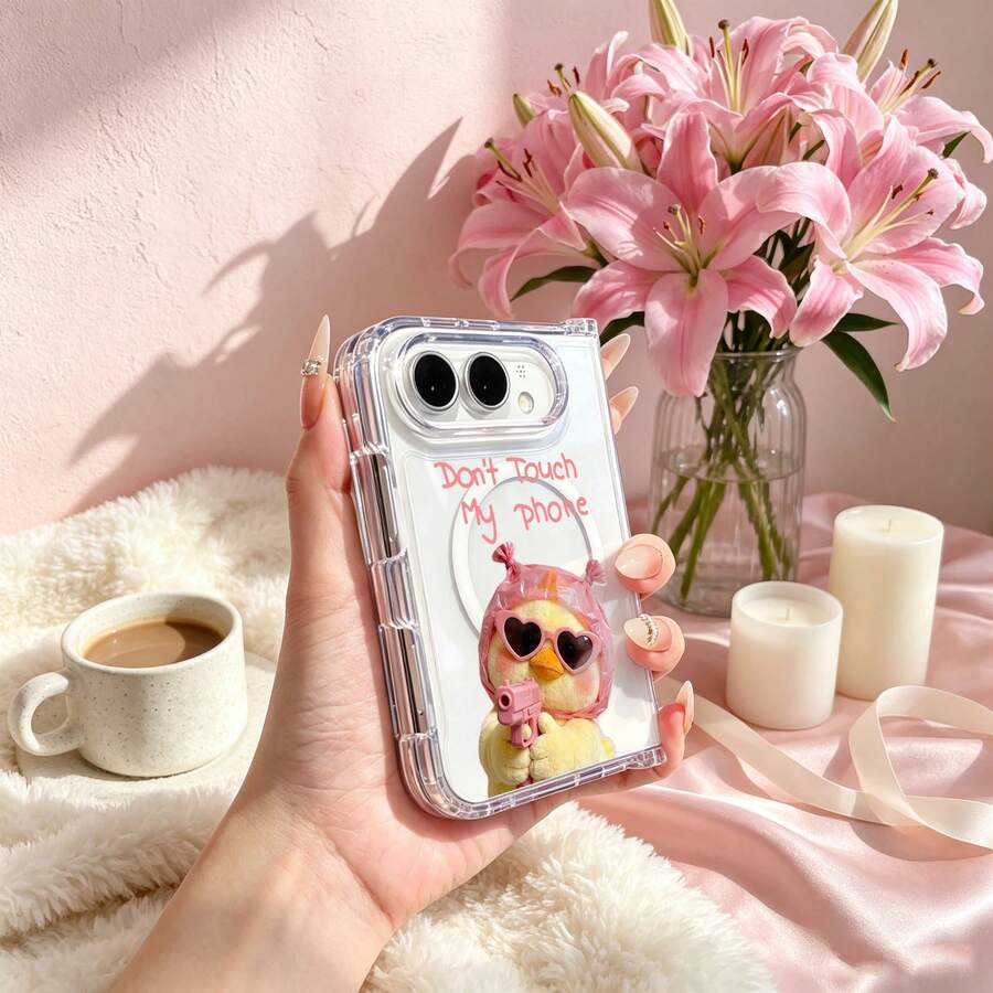 Clear Magnetic Phone Case For Foldable Phone, Funny Chick Print , Four-Corner Drop Protection, Anti-Scratch And Anti-Slip, Magnetic Phone Case Compatible With Wireless Charging, Clear Folding Phone Cover Compatible With IPhone Duo Foldable, MagSafe Wireless Charging Compatible, Full Coverage Clear Shockproof Protective Cover - Multicolor - View 1