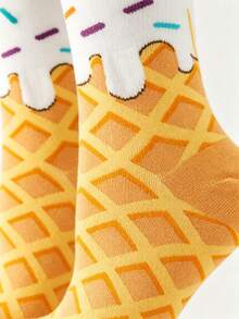 1/5 Pairs Sweet Girl Style Melting Ice Cream Cone Pattern Mid-Calf Socks, Colorful Sprinkles Design, Fun Cartoon Socks For Autumn New Arrival, Daily Wear - Multicolor - View 6
