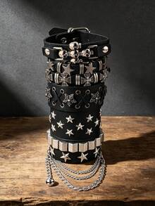 3/6pcs Punk Gothic Leather Wrist Cuff Bracelet, Skull Star Cross Pattern, Retro Rock Style, Unisex Stackable Wristband, All Season Party Accessory - Black - View 9
